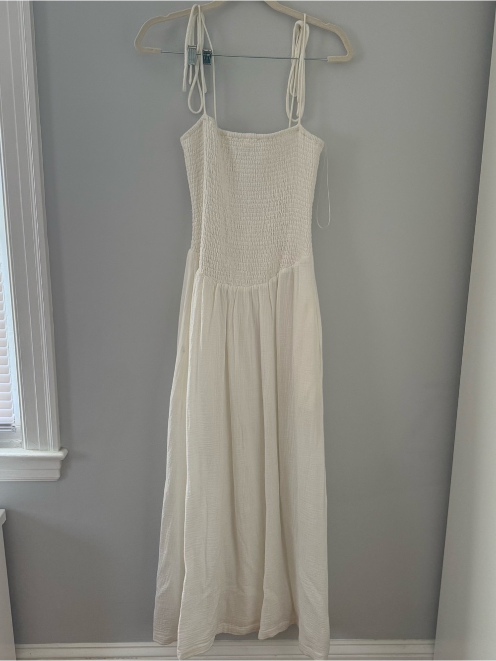 Women's Cream Tie-Strap Drop Waist Maxi Cotton Dress